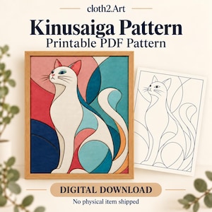 Gebogen patchwork kat Kinusaiga patroon PDF, naaivrij stoffen kunstwerk sjabloon, printbare stoffen mozaïek digitale download