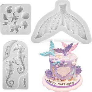 3-Piece Mermaid Silicone Mold Set, Seahorse Seashell Starfish and Mermaid Tail Fondant Molds for Cake, Chocolate and Candy
