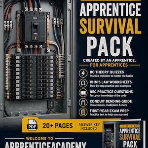 May include: An ApprenticeAcademy First-Year Apprentice Survival Pack study guide featuring a 20+ page PDF with an answer key. The cover displays an electrical panel with a 200A main breaker, listing DC theory, Ohm's law, NEC, and conduit bending topics.