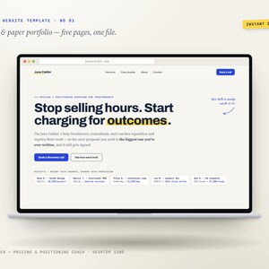 May include: A digital website template for a coach, displayed on a laptop screen. The page features the text 'Stop selling hours. Start charging for outcomes.' in bold black font, with blue call-to-action buttons and a light cream background.
