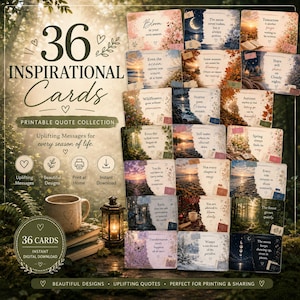 Può includere: Una collezione di 36 carte ispiratrici stampabili con sfondi a tema naturale e varie citazioni edificanti. Il testo include frasi come Bloom in your own season, The moon never rushes e Stars still shine on cloudy nights.