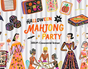Può includere: Un set di illustrazioni digitali con icone a tema Halloween, tra cui tessere del mahjong, pipistrelli, zucche, dadi, cocktail e figure in abiti festivi. Il testo centrale recita Halloween 71 Mahjong Party e 300DPI Commercial license.