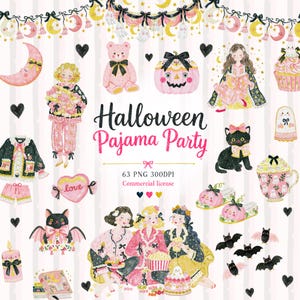May include: A digital collection of Halloween-themed illustrations featuring characters in pajamas, a pink teddy bear, a jack-o'-lantern, a black cat, bats, ghosts, and sweets. The text reads Halloween Pajama Party, 63 PNG 300DPI, Commercial license.