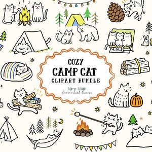 Peut inclure: Un ensemble d'illustrations numériques de chats en camping, incluant des tentes, des feux de camp, des sapins, des citrouilles et des bûches. Le texte central indique COZY CAMP CAT CLIPART BUNDLE avec 50png 300dpi Commercial license en dessous.