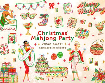May include: A digital illustration set featuring Christmas Mahjong Party elements including people, mahjong tiles, gifts, a tree, and festive decorations. The text reads Merry Mahjong, Christmas Mahjong Party, 42PNG 300DPI, and Commercial license.
