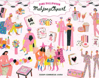 Può includere: Una collezione digitale di Pink Halloween Mahjong Clipart con 66 file PNG. Le illustrazioni includono persone in abiti rosa, tessere del mahjong con simboli, dadi, cocktail, ciambelle e decorazioni festive su uno sfondo rosa con cuori.