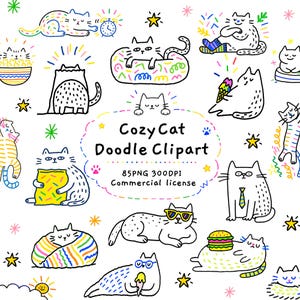 以下が含まれることがあります： アイスクリーム、サングラス、ネクタイ、スナックなどを身につけた様々なポーズの猫の手描きイラスト集。中央のテキストには「CozyCat Doodle Clipart 85PNG 300DPI Commercial license」と書かれており、カラフルな星や線で囲まれています。