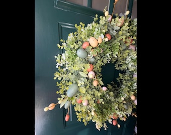 Easter Wreath with Eucalyptus, Boxwood, and Eggs for Spring Door Display