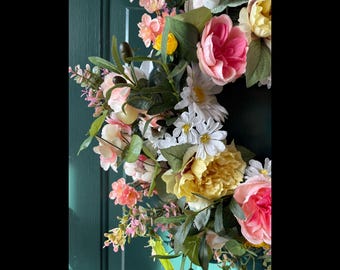 Peony Daisy Ranunculus Grapevine Wreath – Spring Floral Door Decor