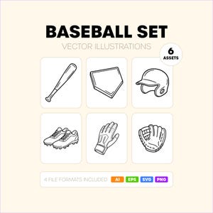 Può includere: Un grafico digitale intitolato BASEBALL SET VECTOR ILLUSTRATIONS che presenta sei icone in bianco e nero: una mazza da baseball, casa base, casco da battitore, scarpe con tacchetti, guanto da battitore e guanto da baseball. Include 6 ASSETS e 4 FILE FORMATS INCLUDED AI EPS SVG PNG.