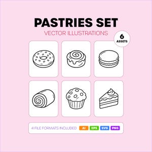 May include: A digital collection titled PASTRIES SET VECTOR ILLUSTRATIONS featuring six black and white line art icons of a donut, cinnamon roll, macaron, swiss roll, muffin, and cake slice. Includes 6 ASSETS and 4 FILE FORMATS AI, EPS, SVG, PNG.