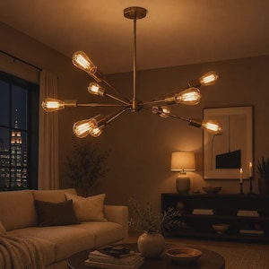 May include: A multi-arm chandelier with a metallic finish featuring eight exposed filament light bulbs arranged in a radial pattern, suspended from a central rod, providing warm illumination to the surrounding interior space.