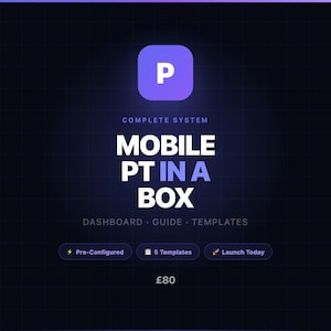 Peut inclure: Un graphique de produit numérique avec une icône d'application violette et la lettre P blanche, intitulé COMPLETE SYSTEM MOBILE PT IN A BOX. Il affiche DASHBOARD, GUIDE, TEMPLATES et trois boutons nommés Pre-Configured, 5 Templates et Launch Today.