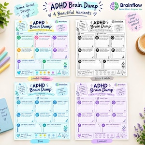 Può includere: Quattro fogli planner ADHD Brain Dump con sezioni per obiettivi giornalieri, attività, preoccupazioni e priorità. I design includono una versione arcobaleno colorata, una in bianco e nero, una blu e una color lavanda, tutte con il marchio Brainflow.
