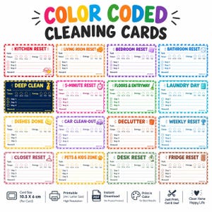 May include: A set of color-coded cleaning cards featuring titles like Kitchen Reset, Deep Clean, and Laundry Day. Each card includes sections for tasks, timer settings, energy levels, three checkboxes for steps, and a reward line. Card size is 10.5 cm x 6 cm.