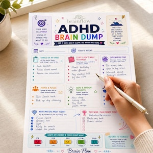 May include: A white paper ADHD brain dump planner sheet with colourful sections for tasks, reminders, and goals. The header reads Brainflow ADHD Brain Dump. It includes fields for date, intent, and energy levels, with handwritten notes and a pen resting on it.