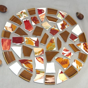 May include: A circular arrangement of assorted ceramic shards featuring solid brown pieces, white fragments, and patterned segments in shades of red, orange, and yellow. Four brown acorns are positioned outside the circular mosaic pattern.