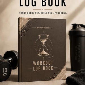 Può includere: Un diario di allenamento marrone scuro con un grafico a clessidra e il testo "HourglassGymPlan" e "WORKOUT LOG BOOK" sulla copertina. Il libro è affiancato da un manubrio da 10 kg, uno shaker nero con il testo "DISCIPLINE BUILDS SUCCESS" e un asciugamano.