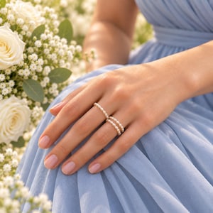 Könnte beinhalten: Zwei zarte Ringe mit kleinen, runden, weißen Perlen, die in einem durchgehenden Band angeordnet sind. Die Ringe werden an den Fingern getragen und zeigen ein schlichtes Design mit gleichmäßigen, glänzenden Perlen, die den Finger umschließen.