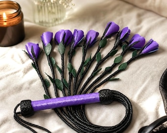 Látigo de cuero genuino con rosas moradas, 9 tiras trenzadas, látigo de cuero hecho a mano, látigo de golpe seco