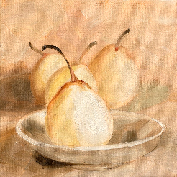 Original Oil Painting on Canvas board, - Winter pears -  15x15cm