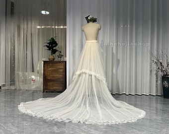 Champagne Detachable Tulle Wedding Train Skirt, Ribbon Edge Bridal Over‑Skirt, Cathedral Length Removable Bridal Separate