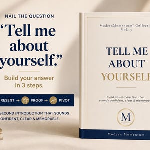 Peut inclure: Un livre relié intitulé Tell Me About Yourself de la collection ModernMomentum Vol. 3. La couverture est crème avec du texte bleu foncé et doré, arborant un logo M circulaire. Le livre est présenté avec du texte sur la création d'une introduction.