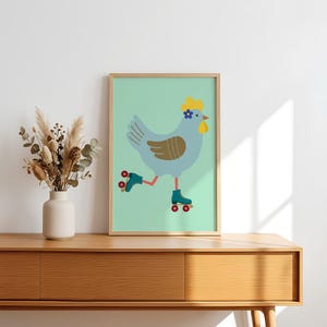 Roller Skating Chicken Wall Art Printable, Cute Farm Animal Nursery Print, Kids Room Decor, Digital Download, Whimsical Poster