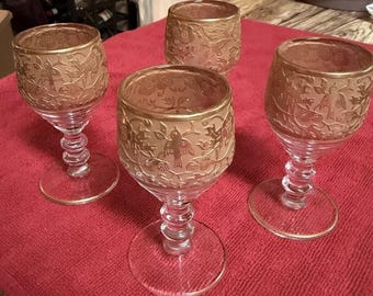 Vintage Imperial Glass Songbird Gold Encrusted Cordial Glasses Set Of 4 1950s