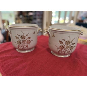 May include: Two off-white ceramic planters with gold-toned floral patterns and small side handles. Each planter features a gold rim and a rounded base, decorated with detailed botanical illustrations of flowers and leaves in a metallic gold finish.