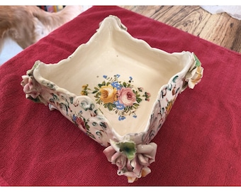 Vintage Capodimonte Italy Porcelain Bowl Applied Roses Hand Painted AS IS