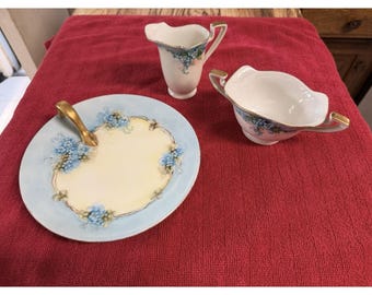Antique Bavarian Porcelain Lemon Plate Creamer Sugar Set Forget-Me-Nots