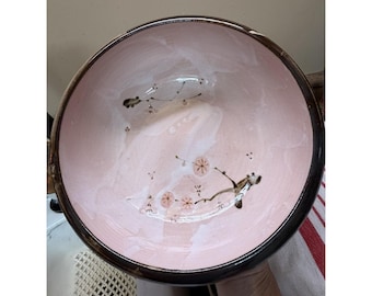 Vintage Japanese Ceramic Bowl - Pink Cherry Blossom Pottery - Signed 9"