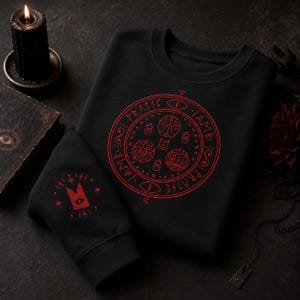 May include: A black crewneck sweatshirt featuring a large red circular graphic on the chest with the text "PRAISE LAMB" and various occult-style symbols. A smaller matching red symbol is printed on the sleeve cuff of the garment.