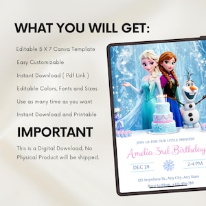 May include: A digital 5x7 inch birthday invitation template featuring Elsa, Anna, and Olaf from Frozen. The design includes a three-tier cake, snowflake graphics, and customizable text fields for event details like name, age, date, time, and location.