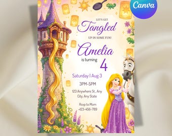Tangled Birthday Invitation, Rapunzel Birthday Party , Princess Invite, Kids Birthday Invitation, Editable Canva Template, Digital Download
