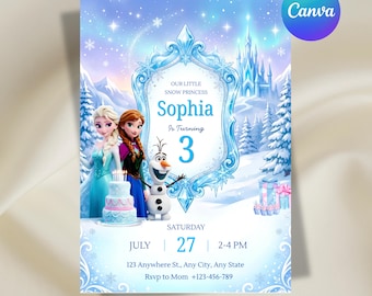 Frozen Birthday Invitation, Princesses Elsa & Anna Birthday Invitation, Kids Birthday Invitation, Editable Canva Template, Digital Download
