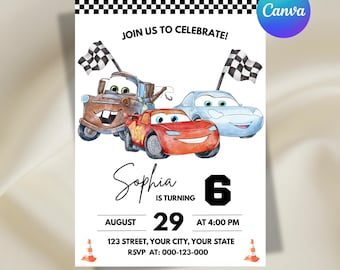 Cars Birthday Invitation, Lightning McQueen Birthday Invitation, Kids Birthday Invitation, Editable Canva Template, Digital Download