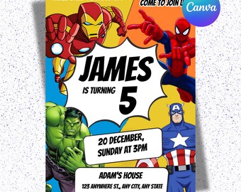 Superheroes Birthday Invitation, Avengers Birthday Party Invite, Superheroes Invitation, Boys Birthday Invitation, Digital Canva Template