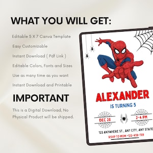 May include: A digital birthday invitation template featuring a red and blue superhero character in a crouching pose, spider web graphics, and the text 'ALEXANDER IS TURNING 5', 'DEC 28', '2-4 PM', and placeholder address and contact information details.