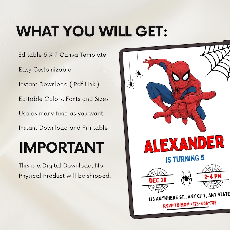 May include: A digital birthday invitation template featuring a red and blue superhero character in a crouching pose, spider web graphics, and the text 'ALEXANDER IS TURNING 5', 'DEC 28', '2-4 PM', and placeholder address and contact information details.