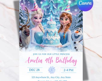Frozen Birthday Invitation, Princess Elsa & Anna Birthday Invitation, Girls Birthday Invitation, Editable Canva Template, Digital Download