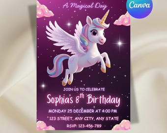 Unicorn Birthday Invitation, Magical Unicorn Birthday Invitation, Kids Birthday Invitation, Editable Canva Template, Digital Download