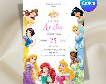 Princess Birthday Invitation, Princesses, Princess Invitation, Kids Birthday Invitation, Editable Canva Template, Digital Download
