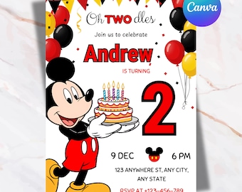 Editable Mickey Mouse 2nd Birthday Invitation for Boys, Mickey Mouse Party, Boys Birthday Invitation, Canva Template, Digital Download