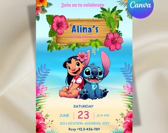 Lilo & Stitch Birthday Invitation, Lilo Birthday Party, Kids Birthday Invitation, Editable Canva Template, Digital Download