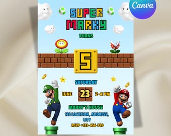 Super Mario Birthday Invitation, Super Mario Birthday Party, Kids Birthday Invitation, Editable Canva Template, Digital Download