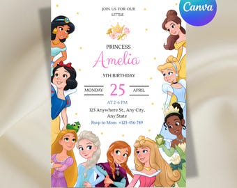 Princess Birthday Invitation, Princesses, Chibbi Princess Invitation, Kids Birthday Invitation, Editable Canva Template, Digital Download