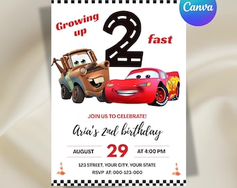 Lightning McQueen 2nd Birthday Invitation, Cars Birthday Invitation, Kids Birthday Invitation, Editable Canva Template, Digital Download