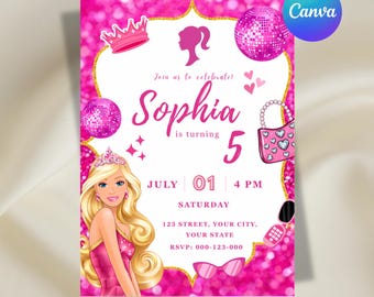Barbie Birthday Invitation, Fashion doll birthday Invitation, Kids Birthday Invitation, Girls , Editable Canva Template, Digital Download